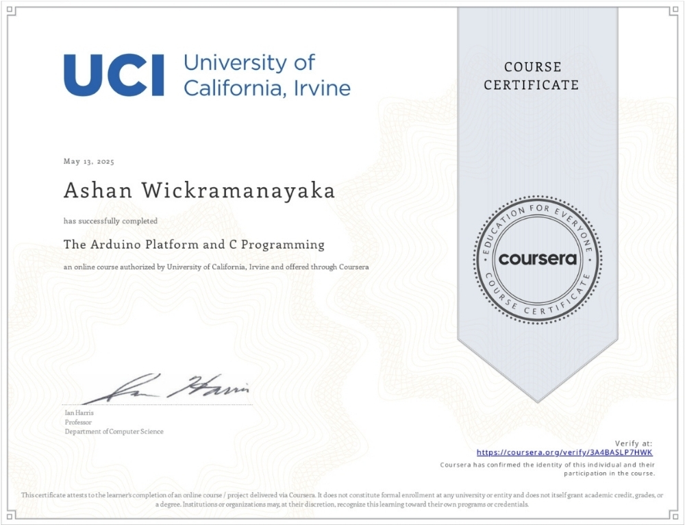 UCI Arduino Platform and C Programming Certificate
