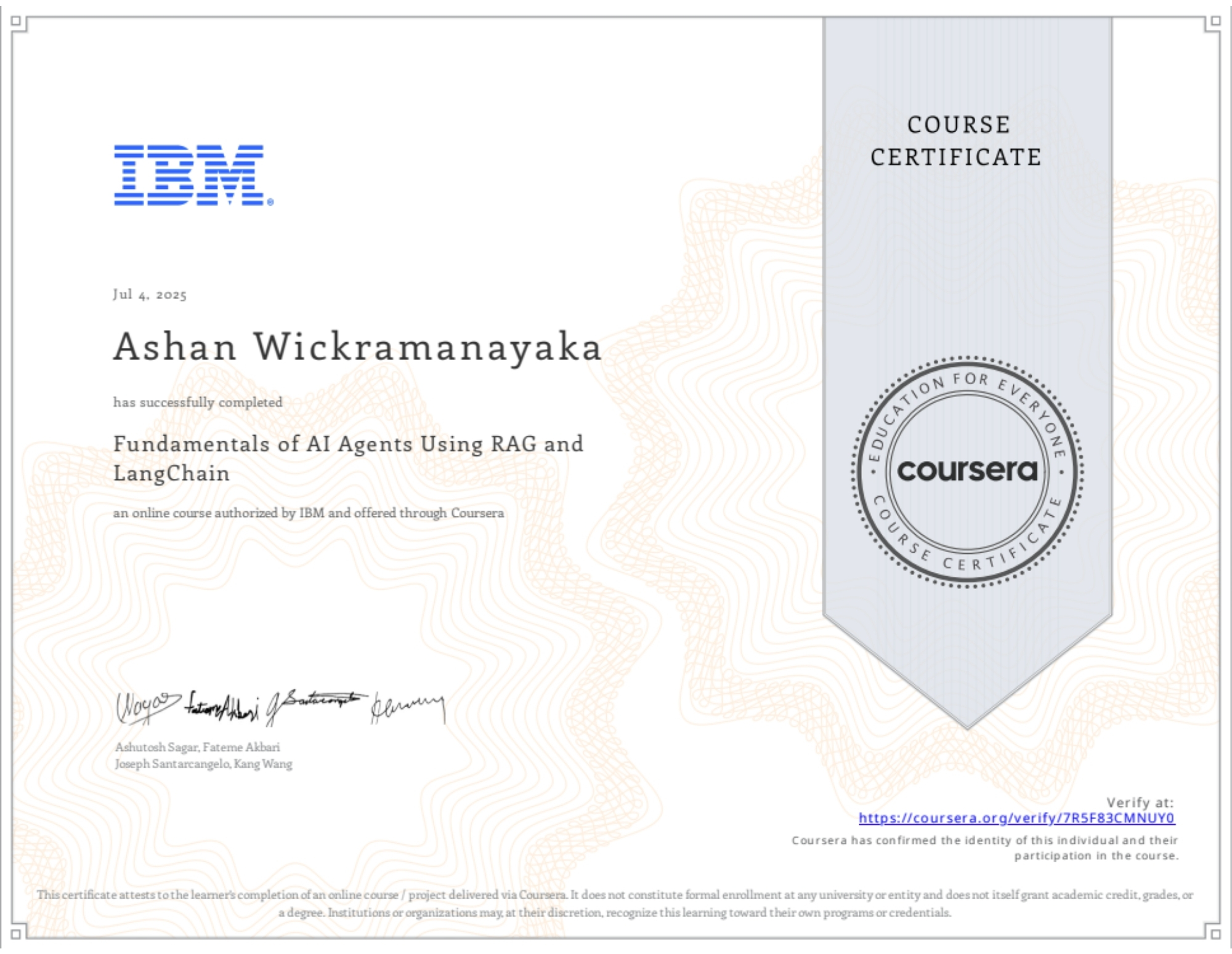 IBM AI Agents Using RAG and LangChain Certificate