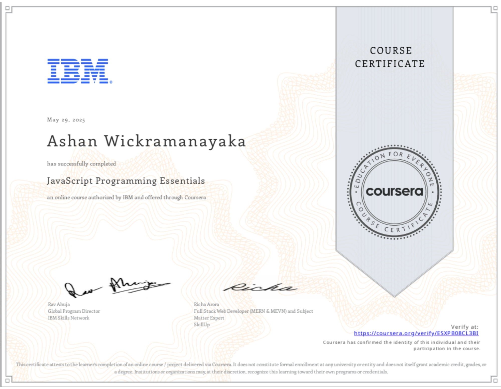 IBM JavaScript Programming Essentials Certificate
