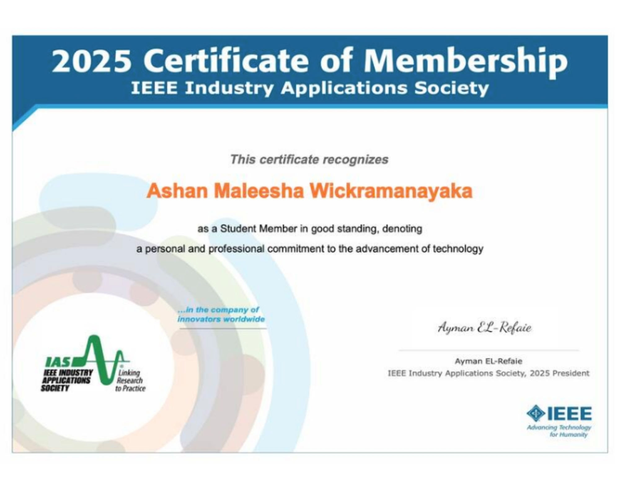 2025 Certificate of Membership - IEEE Industry Applications Society