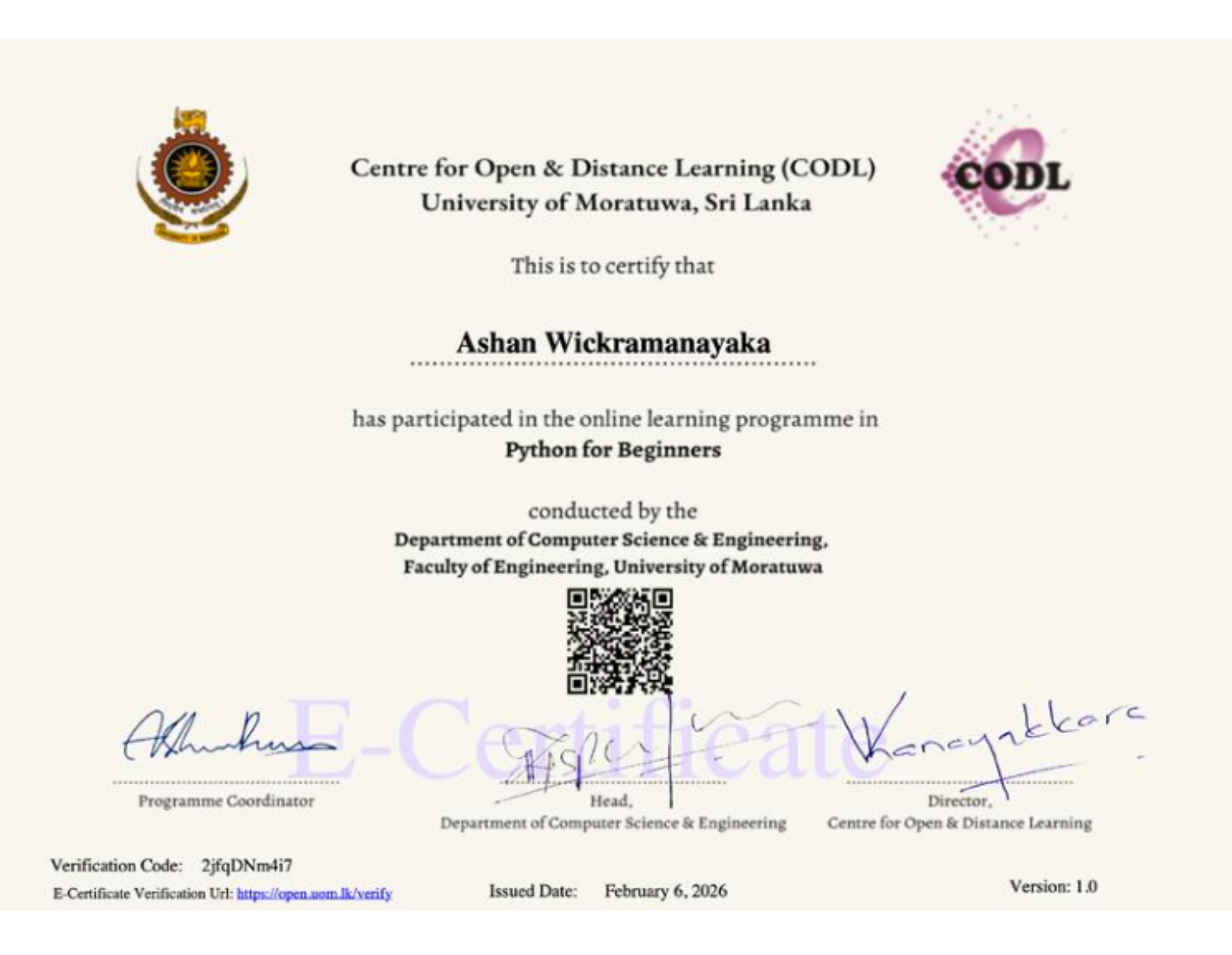 Python for Beginners Certificate - University of Moratuwa