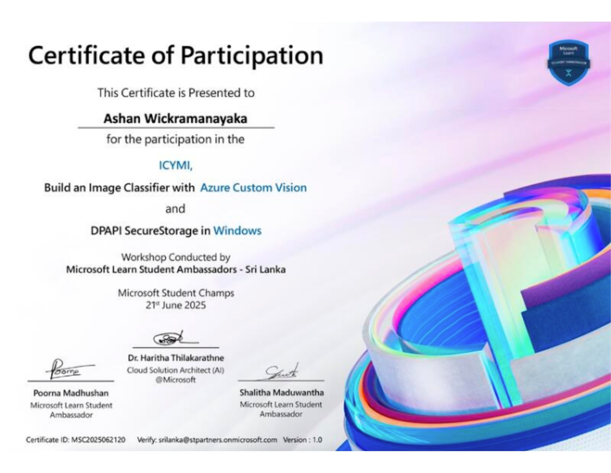 Microsoft Learn ICYMI Workshop Certificate