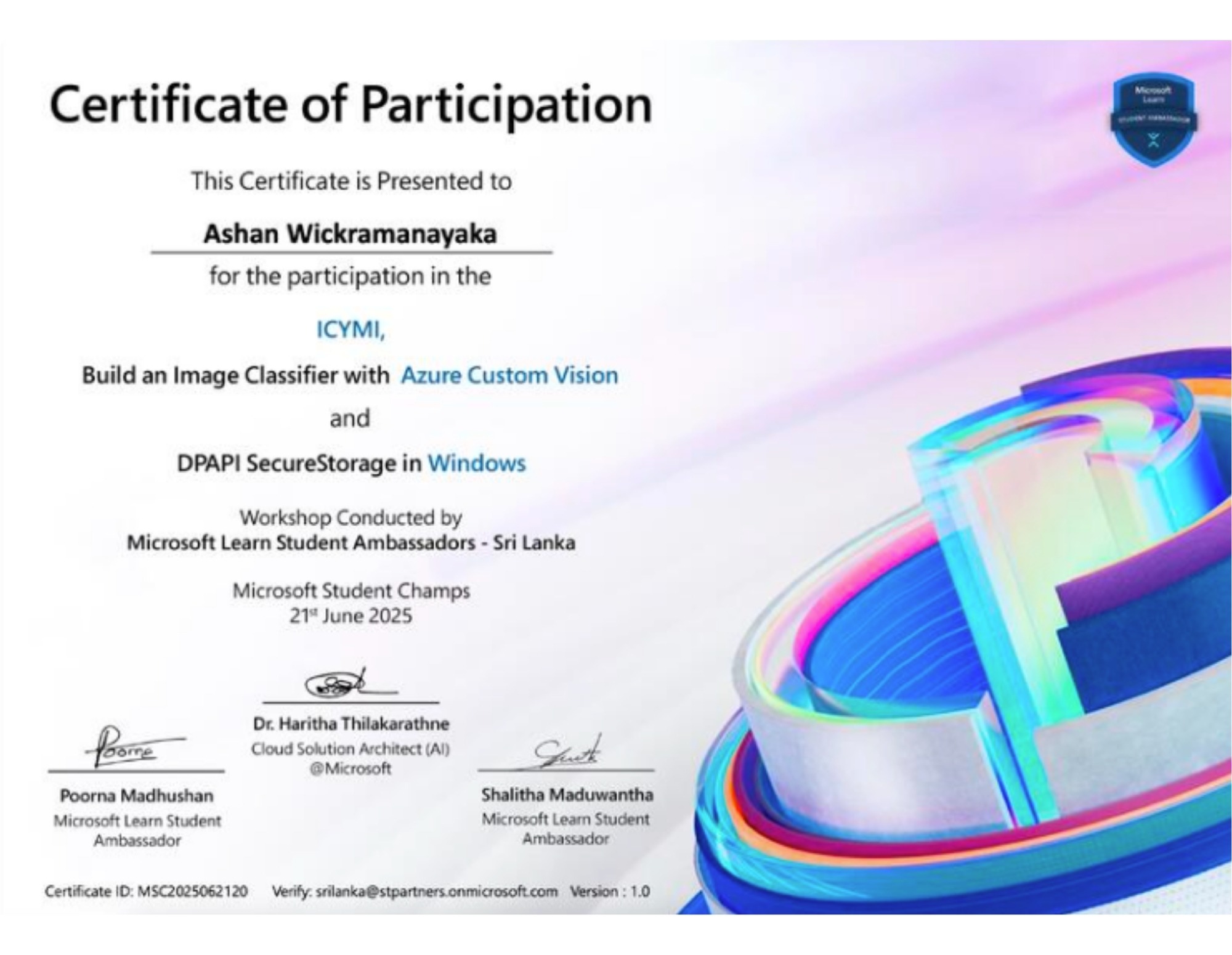 Microsoft Learn ICYMI Workshop Certificate