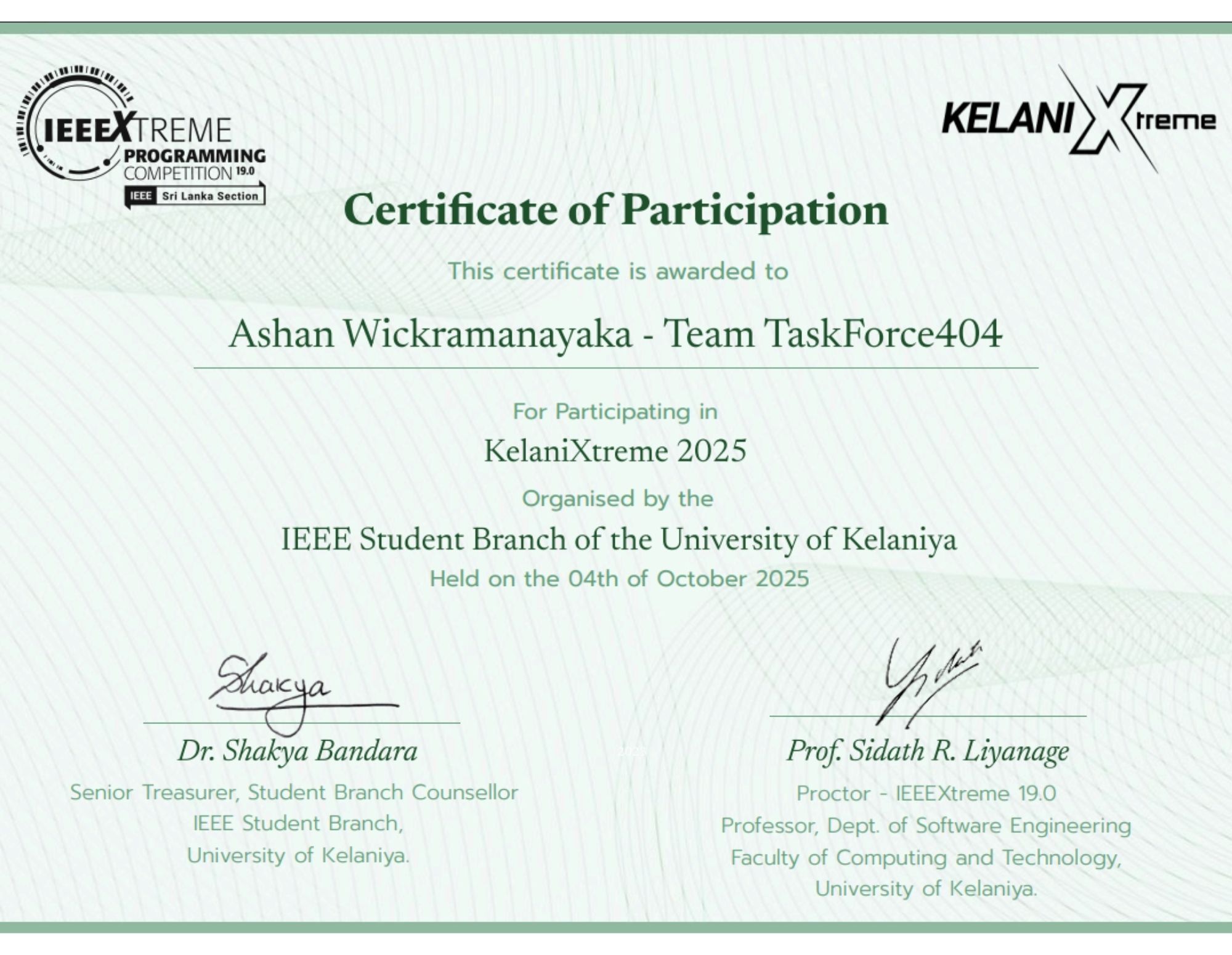 KelaniXtreme 2025 - IEEEXtreme Programming Competition Certificate