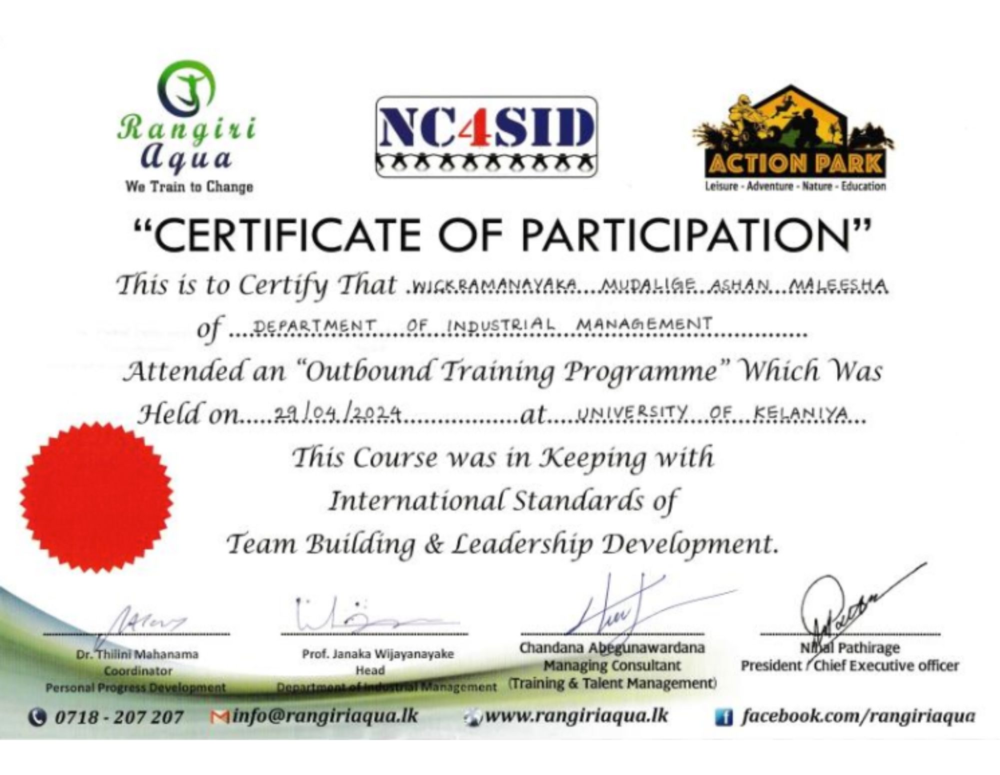 Outbound Training Programme - Team Building & Leadership Development Certificate