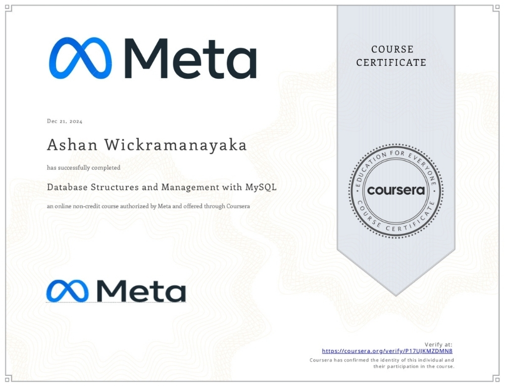 Meta Database Structures and Management Certificate