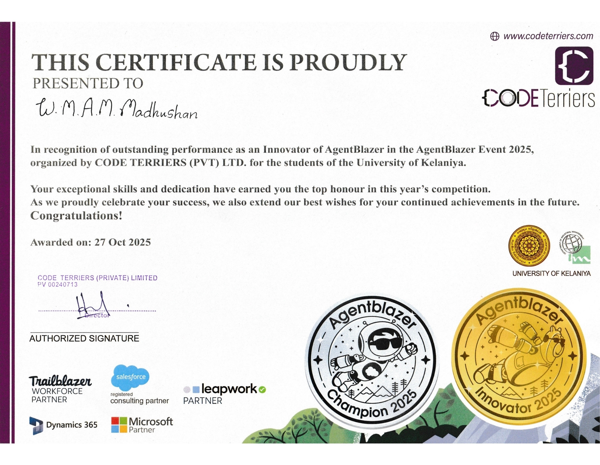 AgentBlazer Innovator Award Certificate